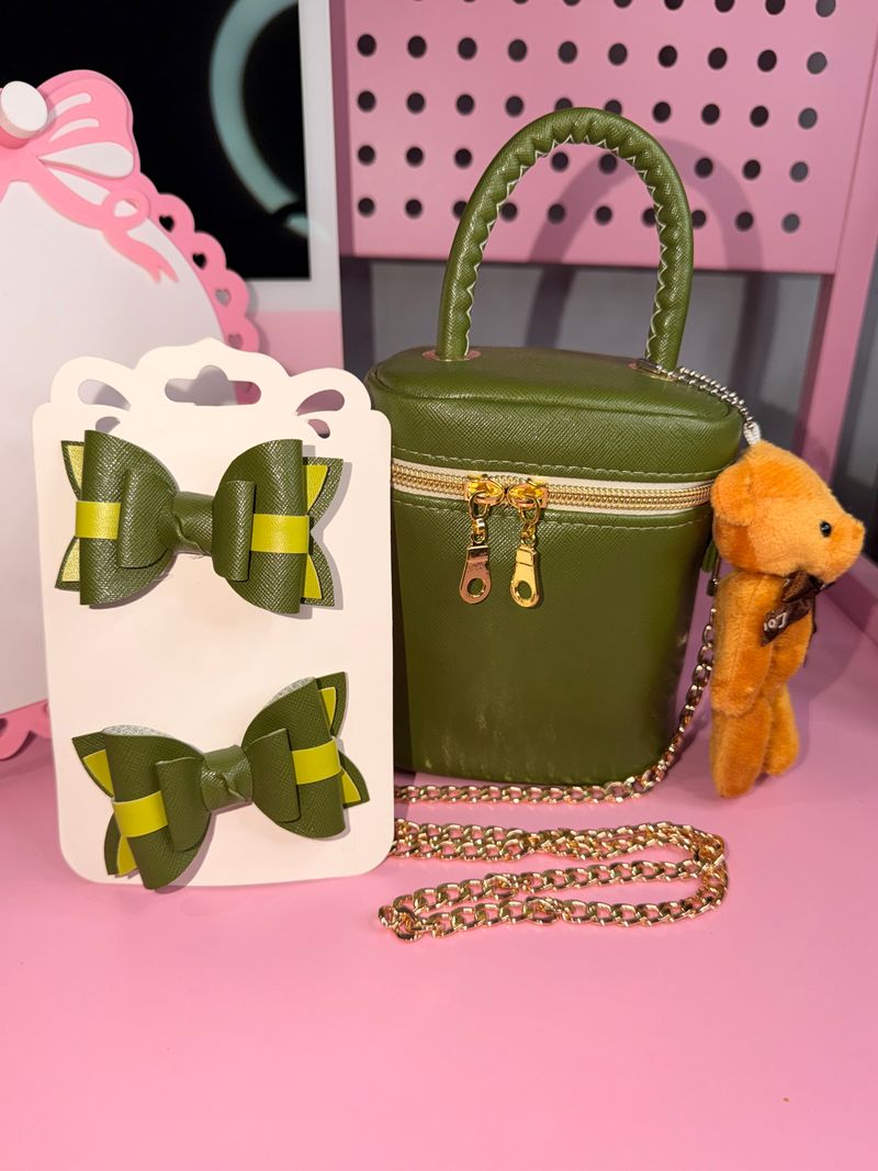 Girls Handmade Forest Green Purse & Hair Bows Set