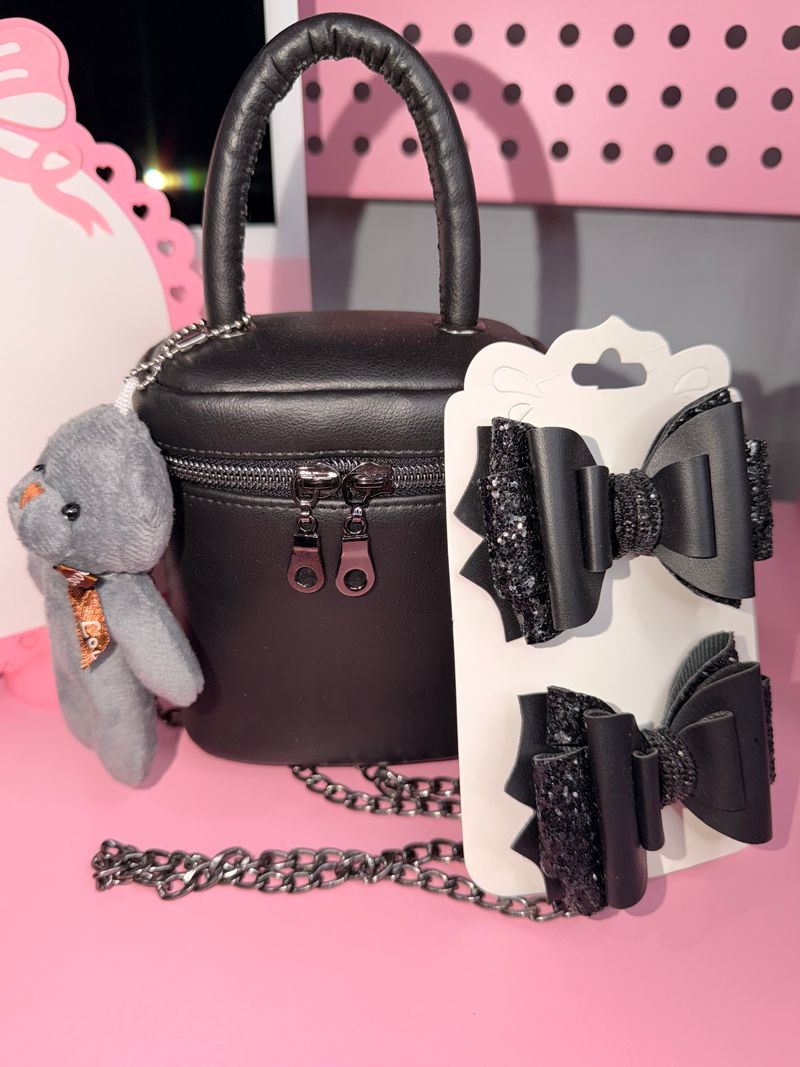 Girls Handmade Black Purse & Hair Bows Set