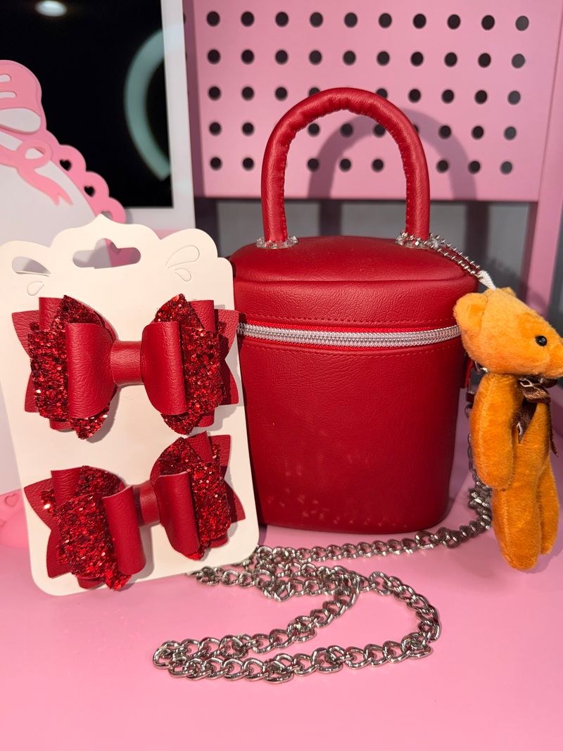 Girls Handmade Red Purse & Hair Bows Set